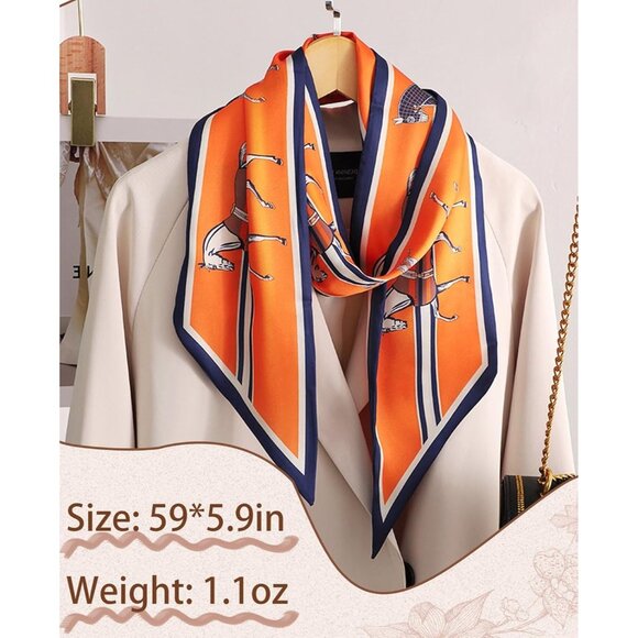 Women's Orange Blue Horse Fashion Oblique Angle Silk Neck Scarf Printed Scarves - Picture 4 of 7
